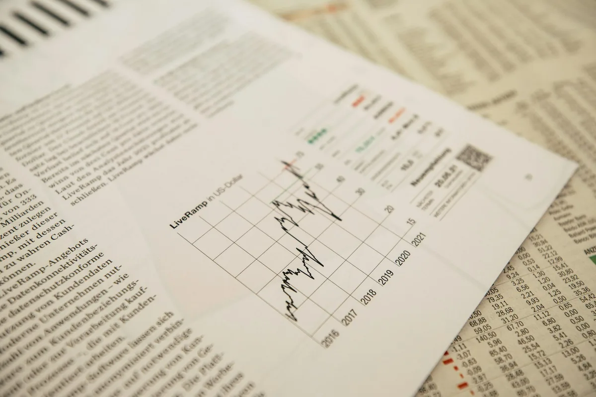 A financial chart displaying upward trends alongside documents on a desk.